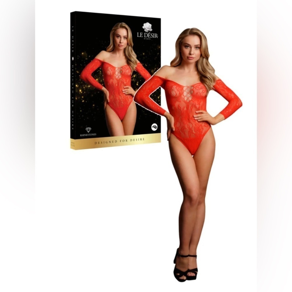 🦋B2G1🦋LE DÉSIR Red Rhinestone Crotchless Teddy Lingerie Bodysuit ONE SIZE XS-XL